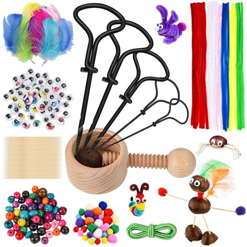 DazSpirit Kastanienbohrer Set, 307 tlg Herbst Kastanien Bastelset mit Kastanienhalter, Handbohrer (5 Größen), Federn, Pompons, Plüschstreifen, bunte Holzperlen, lebende Augen, Zahnstocher