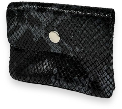 Portemonnaie Damen klein Leder mit Münzfach und Knopf Mini Geldbörse Brieftsche Geldbeutel Echtleder (Schlangenmuster-schwarz)