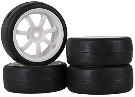 Mxfans 4 Stück RC1:10 On Road Auto Smooth Rubber Reifen + 7 Speichen Felge Schwarz