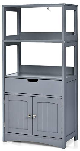 Giantex Armoire de Salle de Bain avec Tiroir, Armoire Haute avec 2 Compartiments Ouverts, Meuble de Rangement avec Placard & Étagère Multifonction pour Micro-Ondes, 60 x 32,5 x 122 cm (Gris)