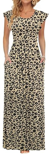 AUSELILY Damen Kurzarm Loose Hohe Taille Long Maxi Kleider mit Taschen Rundhalsausschnitt Freizeit Abendkleider Leopard XL