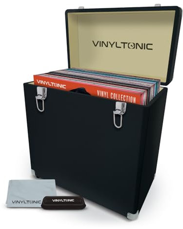 Vinyl Tonic 12 Vinyl LP Storage Case | PU Leather | Fully Lined Interior | Reinforced Steel Corners | Cleaning Kit Included (Black)