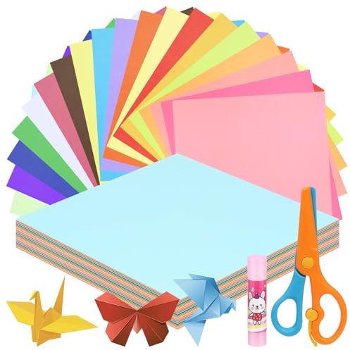 Swpeet 10x 10 Inches 200 Sheets 20 Vivid Colors Origami Paper Kit with Glue Stick and Scissors, Double-Sided Color Square Folding Paper for DIY School Arts Crafts Projects Children Adults