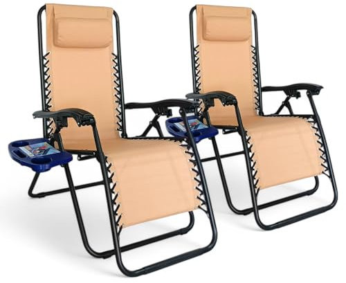 Pincho Tumbona Jardín Exterior Plegable de Gravedad Cero - Pack 2 Sillas Reclinables o Hamacas para Playa, Terraza y Camping con Portavasos, Ligeras y Cómodas (Beige)
