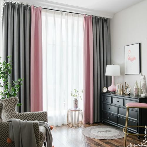 Homxi Blickdichte Vorhänge Kinderzimmer 2er Set,2 x 86W x 214H cm,Gardinen Blickdicht Thermo Rosa Grau Spleißen Einfarbig Gardinen für Haken