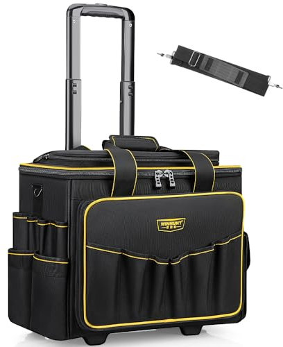WINNHUNT 46cm Wide Mouth Rolling Tool Bag, 32 Pocket Tool Trolley Bag with Telescopic Handle and 2 Wheels, Black
