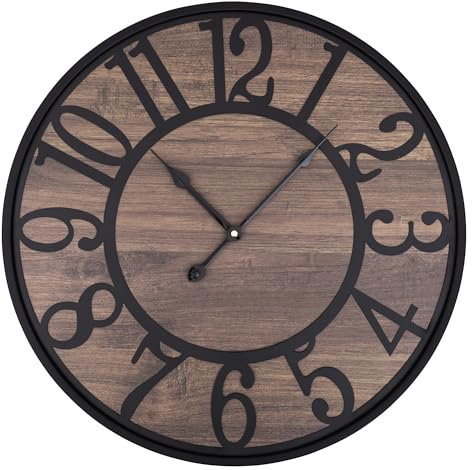 HAITANG Große Wanduhr, tickt Nicht, geräuschlos, batteriebetrieben, große Moderne Holzwanduhren für Wohnzimmer, Schlafzimmer, Esszimmer, Bauernhaus, Büro, Retro-Heimdekoration, 24 In/60 cm, Schwarz