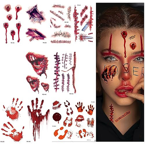 Halloween Tattoo Wunden, Halloween Tattoo Gesicht 10 Blätter Temporäre Tattoos Wasserdicht Horror Wunden Tattoo Aufkleber Realistisch, Halloween Tattoo Narben Gruselig für Halloween Make Up