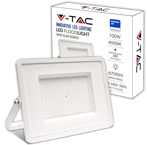 V-TAC Projecteur LED Extérieur 100W - [Haute Performance] Blanc - IP65 – 8700 Lumen – Lampe Étanche pour Maison, Jardin, Garage, Fabrique - Lumière Blanc Neutre 4000K