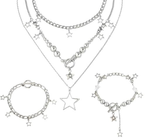 Moguri 1 Set Gothic Y2K Schmuckset, Silber Stern Halskette mit Armband, Grunge Kette für Damen, Aesthetic Emo Choker Kette, Exquisites Design für Party, Cosplay, Halloween, und tägliches Outfit