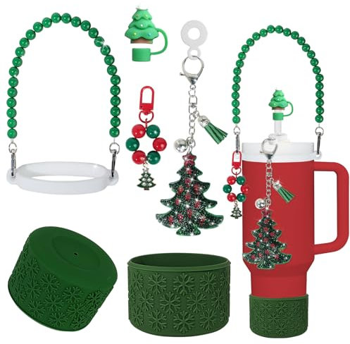 VirgoCCY Christmas Stanley Cup Accessories Set Including 1pcs 0.4in Straw Covers, 1 Water Bottle Handle Strap, 2 Cute Christmas Charms and 1 Silicone Boot for Stanley 40oz & 30oz, Green