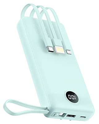 Power Bank 20000mAh con Cables Integrados, Bateria Externa Carga Rapida, VEEKTOMX Bateria Portatil Powerbank Viaje Cargador Portatil 5 Salidas y 2 Entradas Compatible con iPhone/Android... (Azul)