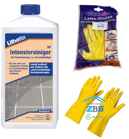 zbs24 Lithofin KF Intensivreiniger, Grundreiniger und regelmäßiger Unterhaltsreiniger, stark beanspruchter Flächen aus keramischen Fliesen und Feinsteinzeug, inkl. Latex Handschuhe Gr. 8 (1 Liter)