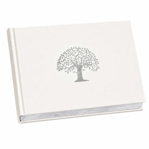 Tree of Life Livre de condoléances funéraires - Livre d'or commémoratif avec 96 pages, bords argentés, penderie souvenir pour cartes de condoléances et lettres, couverture rigide, 218 x 160 mm (blanc)