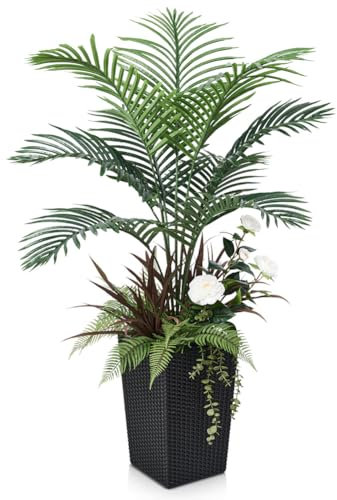 VeriNatural Palma Artificiale Grande 120 cm con 5 Piante Decorative - Pianta Finta Alta con Nero Vaso, Resistente ai Raggi UV - Piante Artificiali da Interno Esterno per Casa Ufficio Balcone, VN148