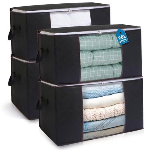 AIOR 4 Stück 90L Groß Aufbewahrungstasche, Faltbare Kleideraufbewahrung Schrank Organizer für Kleidung, Decken, Kissen Quilt Saison Artikel Lagerung, 60x40x35cm (Schwarz)