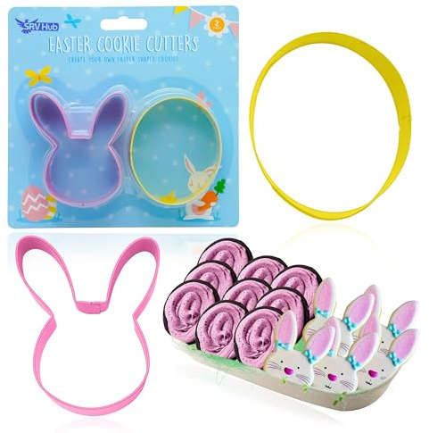 Ausstechformen mit Hasen- und Ostereier-Motiv, Edelstahl, für Kekse, Pfannkuchen und Basteln, Rosa/Gelb, 2 Stück
