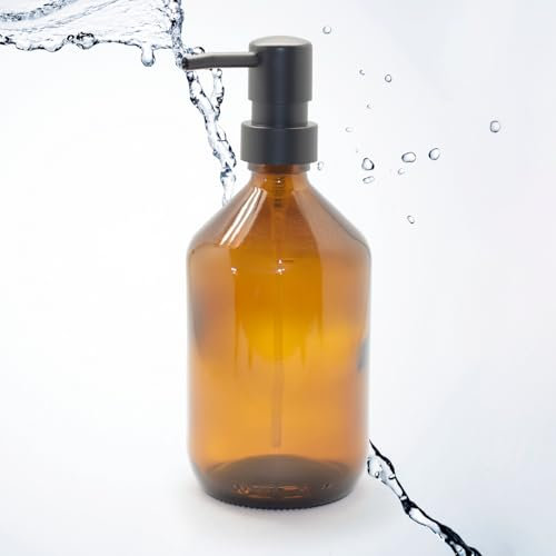 Seifenspender 500 ml aus Glas - Braunglasflasche | Ø 8.5 x 21 cm - mit schwarzem Pumpkopf | Stilvoller Spülmittelspender, Handseifenspender & Pumpspender - ideal für Küche, Bad und Dusche