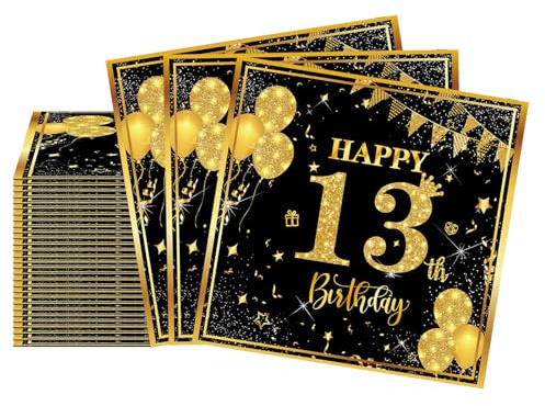 Schwarz Gold Servietten 13. Geburtstag Junge Mädchen, 20 Stück 33 X 33cm Happy Birthday Papier Servietten 13 Deko, 2-Lagig Cocktail Serviette 13 Geburtstag für Feier Jubiläum Tischdekoration