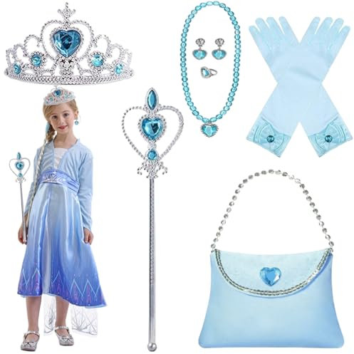 BRTNUP Prinzessin Kostüme Zubehör Set of 7, Mädchen Dress up Eiskönigin Kostüm Accessoires, Krone Mädchen, Zauberstab, Ring, Halskette, Ohrring für Karneval und Geburtstage