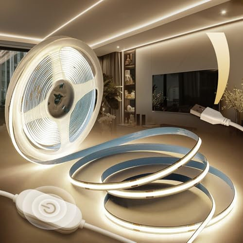 BRIMETI Tira LED COB USB 5V 3M Adhesiva, Blanca Natural 4000K Regulable CRI90+ Anchura 8mm Tira de Luz 320LEDs/M Ancho 8mm Flexible para Fondos de TV Cocina Dormitorio Fiesta DIY Decoración
