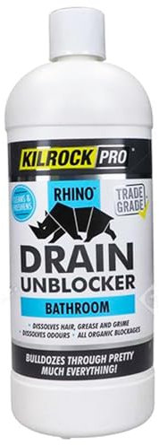 KilrockPRO Rhino Bathroom Drain Unblocker 1L Heavy-Duty Plug Hole Cleaner for Showers, Baths & Sinks Dissolves Hair, Sludge, Soap Scum Fast Acting, Non-Acidic Drain Cleaning Formula Blue - 1 Pack