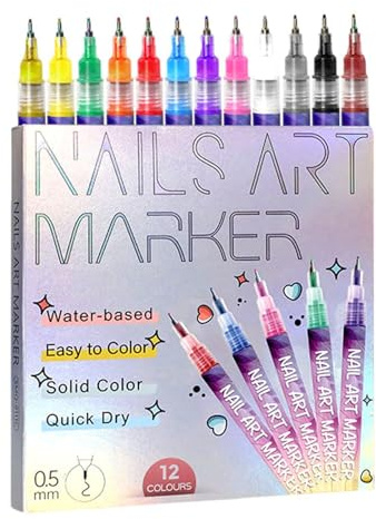 12 Colors Nail Art Pens Set, 3D Nail Color Pens, Quick-Drying Acrylic Paint Markers, Dotting Liner Pen Manicure Tools for DIY Nail, Home & Salon Manicure Tools (12Pcs)