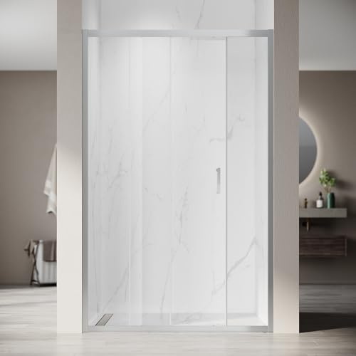 SONNI Duschkabine mit Schiebetür aus 5 mm ESG, 140x185 cm, silber | Einteiliges Aluminiumprofil, leichtgängiges Schiebesystem, Edelstahlgriff, beidseitig montierbar