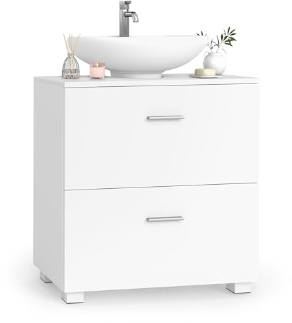 VASAGLE Meuble sous Lavabo avec 2 Grands Tiroirs, 60 x 30 x 63,8 cm | Meuble de Salle de Bain avec Pieds Hauts, pour Divers Types de Lavabos, Blanc nuage, Collection Custos BBK521WB01