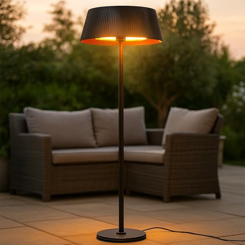 JSH Caldo/Solara Floor Standing Outdoor Electric Patio Heater | 3 Heat Settings 800/1200/2000W | Large Stylish Modern 60cm Lampshade Design | Portable Garden Space Halogen Heating (Caldo)