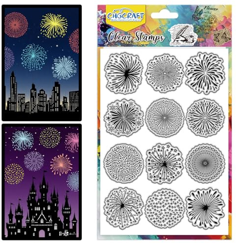 CHGCRAFT 12 Stil Klarstempel Feuerwerk Frohes Neues Jahr 6.3x4.3 Zoll | Feuerwerk Frohes Neues Jahr Silikonstempel für Scrapbooking und Karten