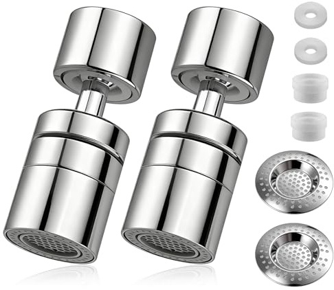 AYUMAL 360° Kitchen Sink Tap Aerator, Tap Faucet Attachment Spray, 2PCS | Universal Tap Attachment, Solid Brass, 2 Functions Modes, With 2 Sink Strainer, For Kitchen (Silvery)