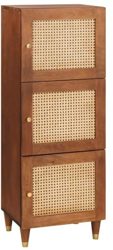 Holamys Brauner Hochschrank aus massivem Mango-Holz, Rattan, 40x33,5x110 cm, mit 3 Türen, Aufbewahrungsschrank für Wohnzimmer, Flur, Schlafzimmer, vielseitiges Buffet-Sideboard