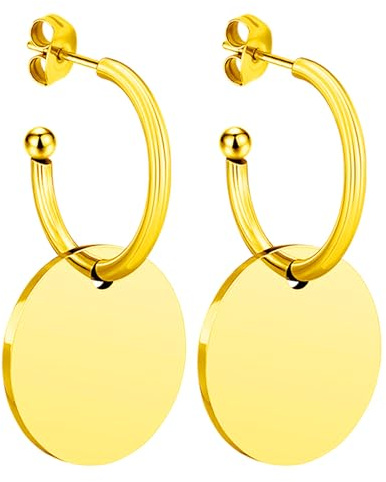 LÖB 750 Gold vergoldet Edelstahl Creolen Kreis Platte Anhänger Glänzend Damen Ohrringe Hängend Ohrstecker Modern Minimalistisch Plättchen Rund