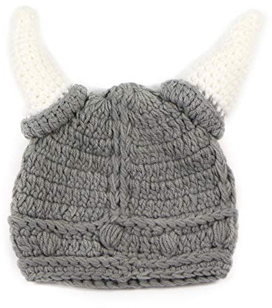YEKEYI Baby Erwachsene Wikinger Strickmütze Barbarian Crochet Beanie Cap Stierhorn Funny Skull Cap, grau, Small