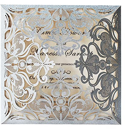 Hosmsua 20 Stück Silber Laser Cut Hohlblumenhochzeits Hochzeitseinladungskarten mit Umschläge Brautparty Verlobung, Silber Hochzeitskarten