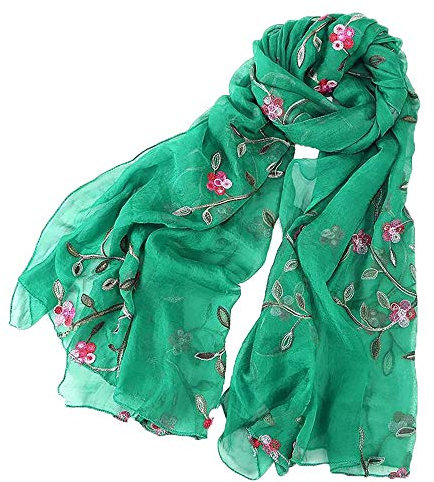 Pluto & Fox Foulard Femme Brodé de Fleurs Foulard en Soie Elégant Design Rétro Foulard Etole de Cou (Vert 1)