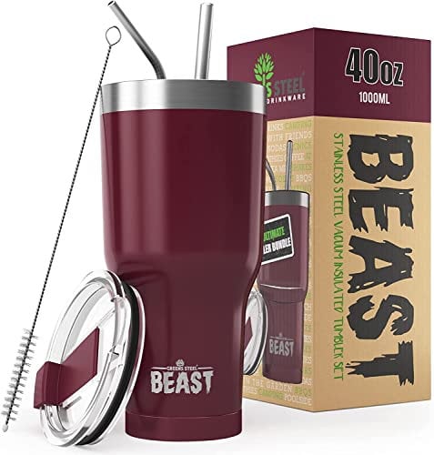 Beast Tumbler - 1050 ml (40 oz), Cranberry | Reusable Stainless Steel, Vacuum Insulated Cup | with + 2 Straws & Cleaning Brush | Double Wall Travel Flask Perfect for Hot or Iced Coffee | BPA Free