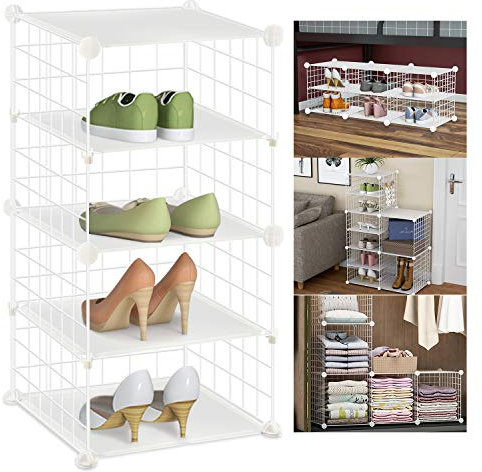 ACPOP 5-Tier Shoe Rack,Metal Mesh Storage Organizer,Wire Storage Cubes with Dividers,Stackable and Adjustable Shoe Shelf for Bedroom,Closet,Entryway,Dorm Room,White (11.8x11.8 in)