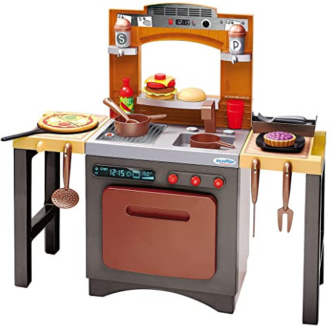 Ecoiffier – 2in1 Spielküche Pizzeria – variable Kinderküche mit Restaurant-Flair, inkl. Hocker, Küchenzubehör, Burger, Pizza, für Kinder ab 18 Monaten