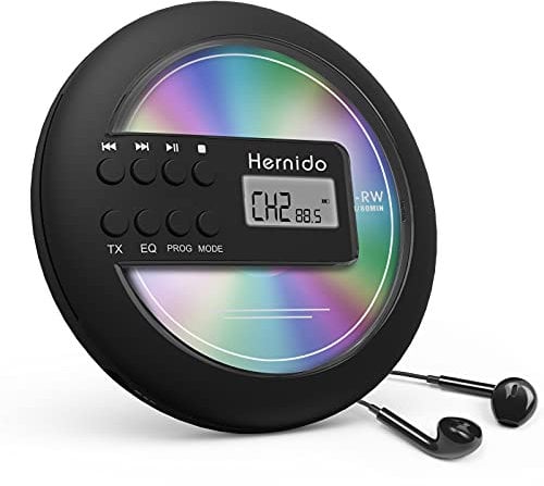 Hernido Portable CD Player for Car, Compact Disc Personal CD Player with FM Transmitter, USB Rechargeable CD Player with Headphones, Shockproof/Resume Playback Walkman CD Player