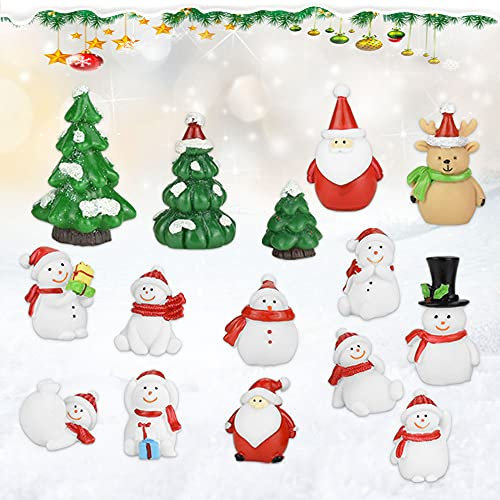 WENRERO 15 Stück Weihnachtsdeko Figuren Harz Weihnachten Mini Ornamente Set Miniatur Garten Figuren Weihnachtsmann, Schneemann, Weihnachtsbaum, Weihnachtselch Mini Figuren für Garten, Tisch, Regal