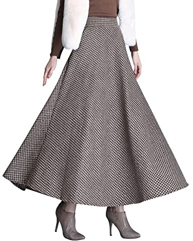 Damen Lange Rock Elegant Wollrock Winterrock Warm Plaid Casual Party Maxirock Hohe Taille A-Linie röcke Retro Elastische Taille Faltenrock Khaki 1027 -S