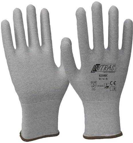 Nitras 6230UC-6 ESD-Handschuhe, Nylon-Carbon-Strick-Handschuh ohne Beschichtung, Antistatisch, Grau, S (6) Größe, 12 Stück
