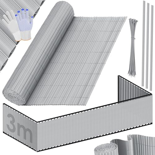 KESSER® PVC Sichtschutzmatte Sichtschutzzaun 160x300cm Balkonverkleidung Windschutz verstärkte Lamellen für Garten Balkon & Terrasse Balkonumrandung inkl Kabelbindern, Abdeckung & Handschuhe Hellgrau
