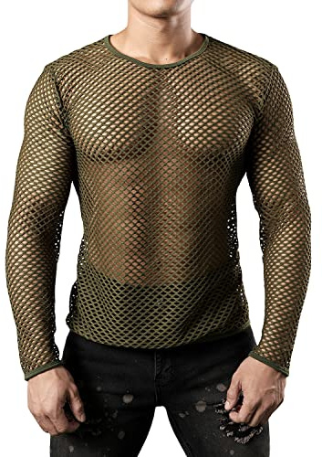 JOGAL Mens Fishnet Mesh Long Sleeve Shirt Fitted Muscle Medium ArmyGreen