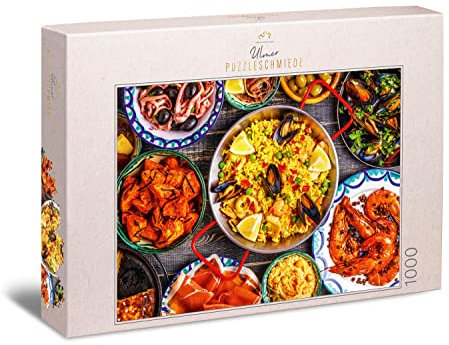 Ulmer Puzzleschmiede - Puzzle „Paella y Tapas“ - Modernes 1000 Teile Puzzle - Kollektion Küche, Essen- und Food-Fotografie – EIN farbintensives Motiv aus Spanien - Puzzle-Qualität Made in Germany