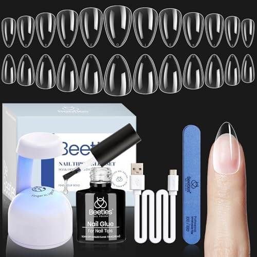 Beetles Nagelspitzen kurze mandel Set mit Nagelkleber und UV-LED-Lampe | 240 Stück Nail Tips Kit mit Nail Glue Nagel Verlängerungsset durchsichtige Nagelspitzen DIY-Maniküre Geschenke für Frauen