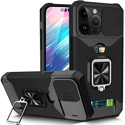 JOMA-E Shop for iPhone 14 Pro Case with Screen Protector, Sliding Camera Cover and Card Holder, Ring Kickstand Military Shockproof Full Body Protective Shell for iPhone 14 Pro (Black)