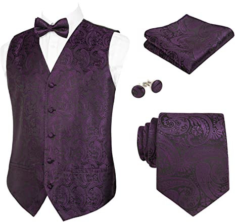 Alizeal Herren Weste Krawatte Hanky Manschettenknöpfe und Fliege Set Paisley Classic 5pc, Pflaume Lila-2XL